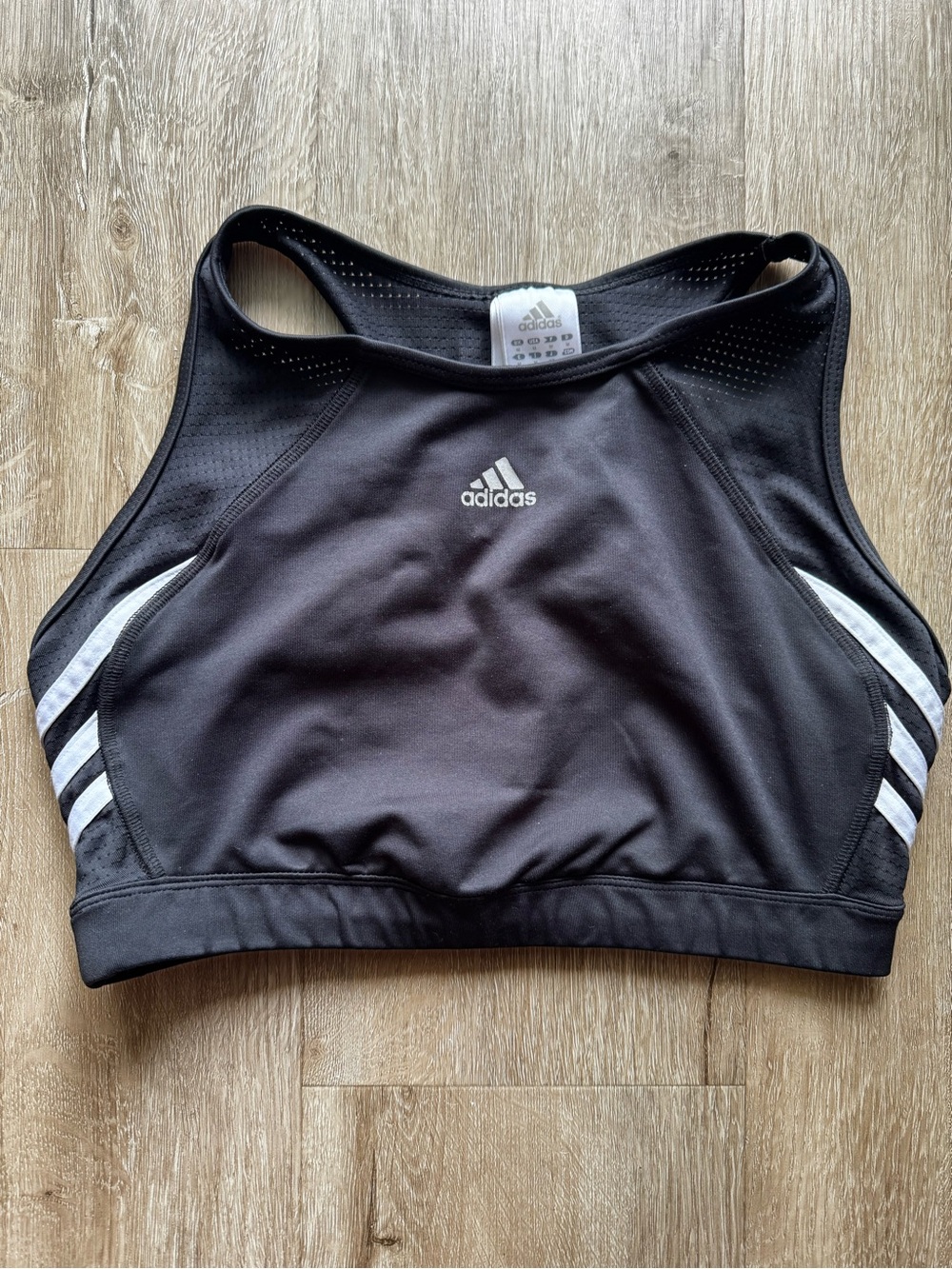 adidas Black High-Neck Athletic Sports Bra Top with White Stripes